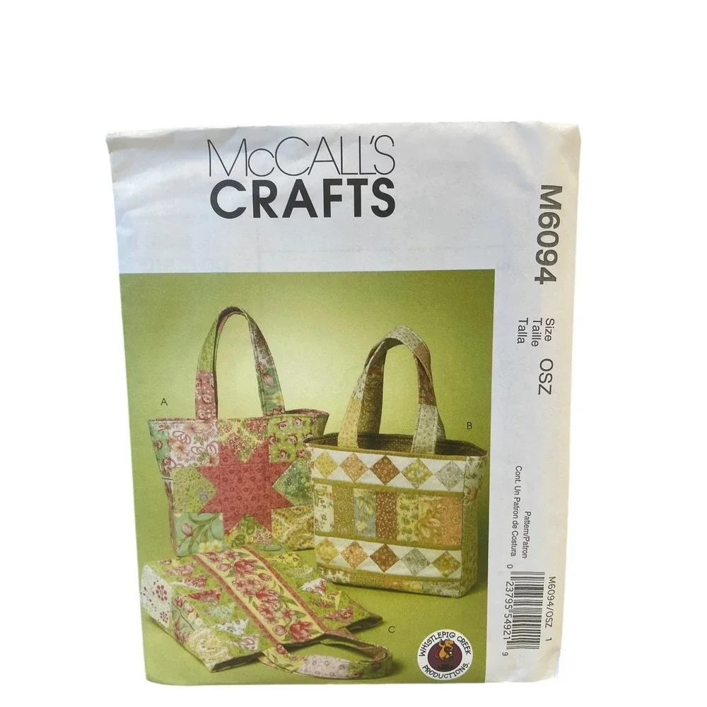 McCALL'S M6094 Tote Bags Sewing Pattern‎ One Size Craft Quilted UNCUT